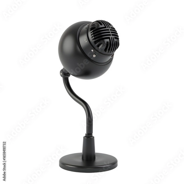 Fototapeta black retro microphone, classic vintage studio mic, metallic finish, detailed textured surface, dramatic lighting, sharp focus, elegant design