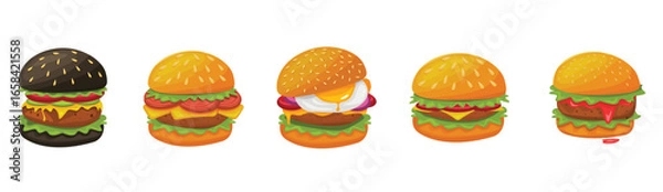 Obraz Burger vector set. Set of fast food illustration. Hamburger vector illustration. Fast Food Icons Set. Burger illustration. cheese burger illustration