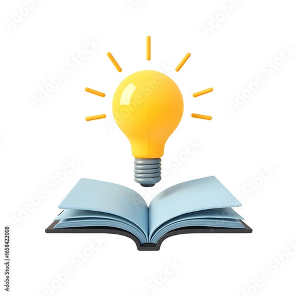 Fototapeta open book, bright yellow light bulb, floating above open book, 3d illustration, digital art,
highly detailed cinematic lighting