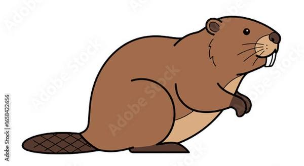 Fototapeta Illustration of a cartoon beaver with brown fur and a flat tail standing on its hind legs looking forward on transparent background