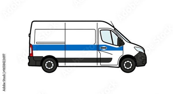 Fototapeta Illustration of a white van with a blue stripe and black trim on a white background in a side view on transparent background