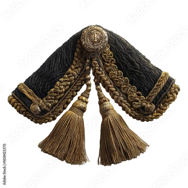 Obraz Ornate Gold Braided Military Shoulder Epaulet with Tassels and Decorative Button on Transparent Background