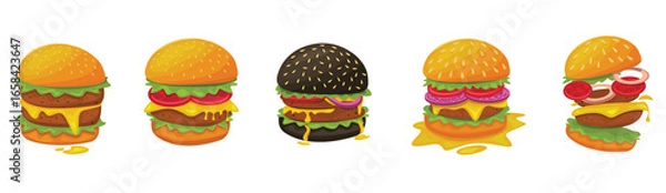 Fototapeta Burger vector set. Set of fast food illustration. Hamburger vector illustration. Fast Food Icons Set. Burger illustration. cheese burger illustration