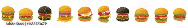Fototapeta Burger vector set. Set of fast food illustration. Hamburger vector illustration. Fast Food Icons Set. Burger illustration. cheese burger illustration