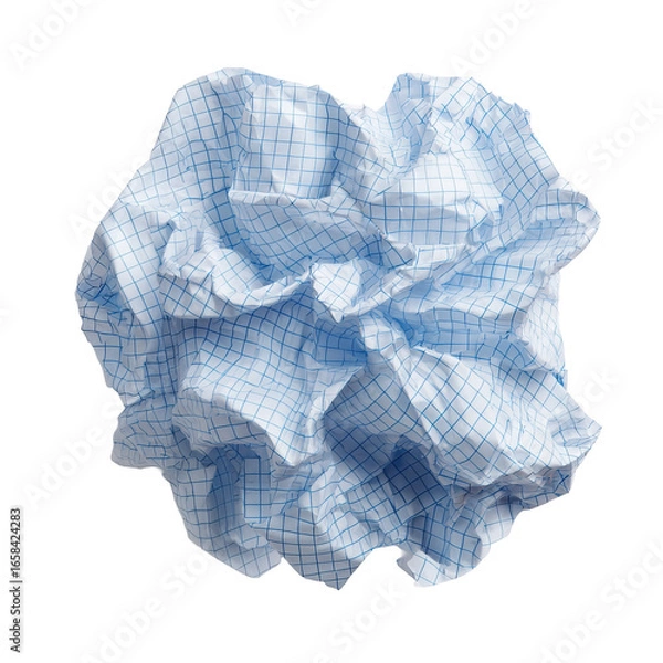 Fototapeta Crumpled Blue Grid Paper Sheet Isolated on Transparent Background