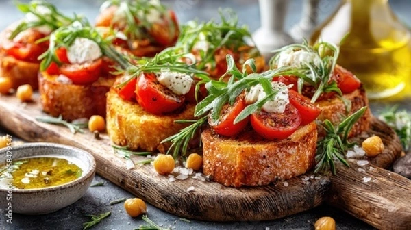 Obraz Bruschetta with tomatoes, cheese, and greens on a wooden board, olive oil aside