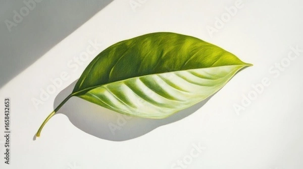 Fototapeta Green leaf, studio shot,  shadow on white background,  flat lay