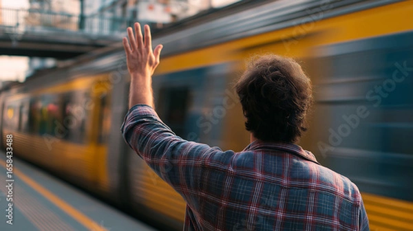 Fototapeta Back view of a man waving hand goodbye while standing at a trainstation, with the train is running at speed on background. Goodbye and travel concept
