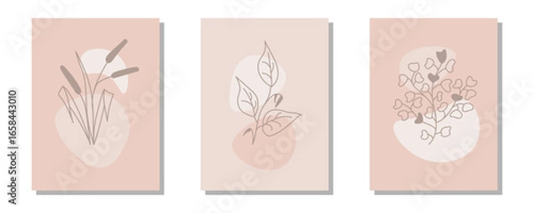 Fototapeta Set of posters with abstract plants and shapes in pastel colors. Element for design of poster, social media, banners, invitation. Trendy element of home or office wall decor.