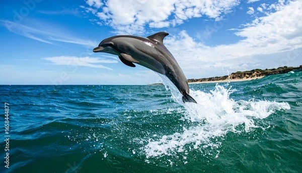 Fototapeta Playful dolphin leaps gracefully above the ocean waves.