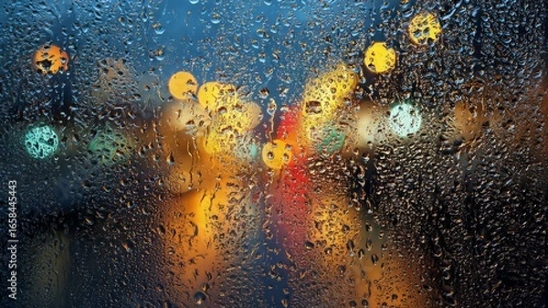 Obraz Raindrops on window overlooking city lights at night. AI generated
