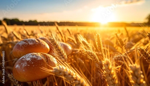 Fototapeta Golden wheat field with bread