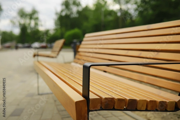 Fototapeta Bench in a park on a sunny autumn morning. Morning walk.