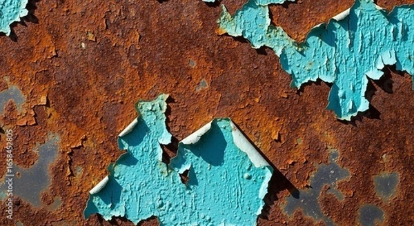Fototapeta Distressed metal texture with peeling blue paint, creating abstract rusty patterns and vintage feel