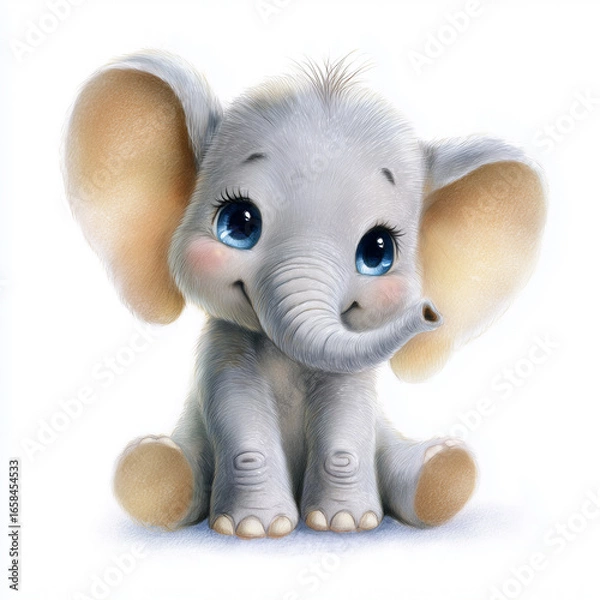 Fototapeta Baby Elephant's Charm: A delightful illustration of a baby elephant with expressive eyes, rosy cheeks, and an innocent gaze, exuding warmth and playfulness. 
