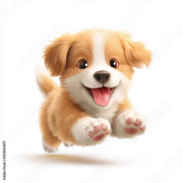 Fototapeta Joyful Puppy in Flight: An adorable puppy leaps with unrestrained glee, capturing the exuberance of youth and the boundless affection of pet ownership.