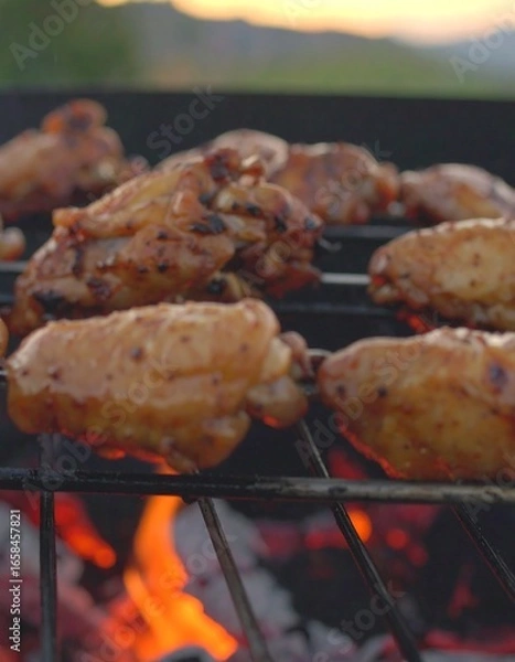 Fototapeta Grilled chicken wings over charcoal