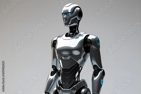 Fototapeta A futuristic robot standing alone, minimalistic design, white empty background, high detail, front view.