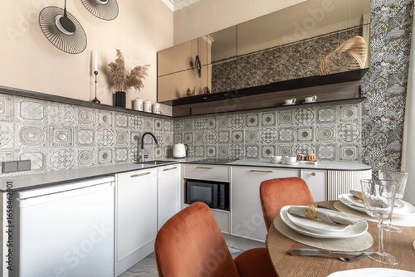 Fototapeta Stylish Kitchen Interior with Patterned Tiles and Dining Setup