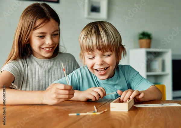 Obraz Portret of brother and sister having fun together playing board game pick-up sticks at home