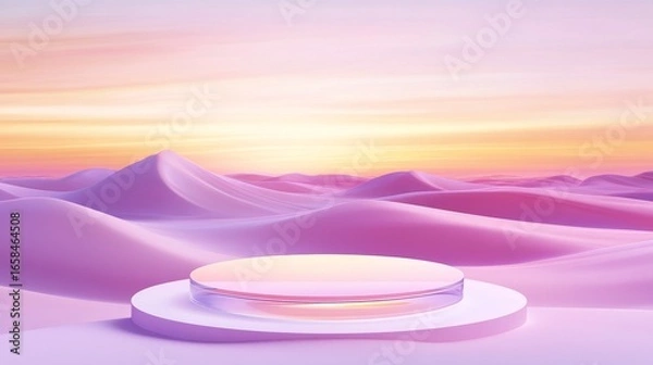Fototapeta A serene and tranquil landscape painted in shades of pink and purple during sunset, showcasing an abstract platform