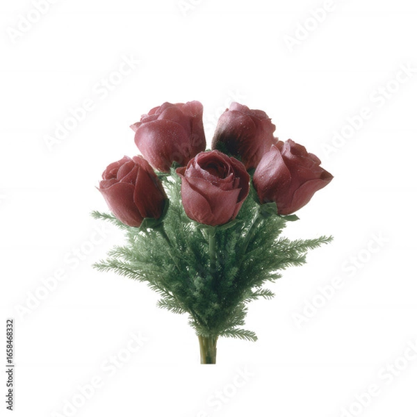 Fototapeta A beautiful bouquet of five artificial roses in shades of pink and red, surrounded by lush green leaves, ideal for decoration or gifting.