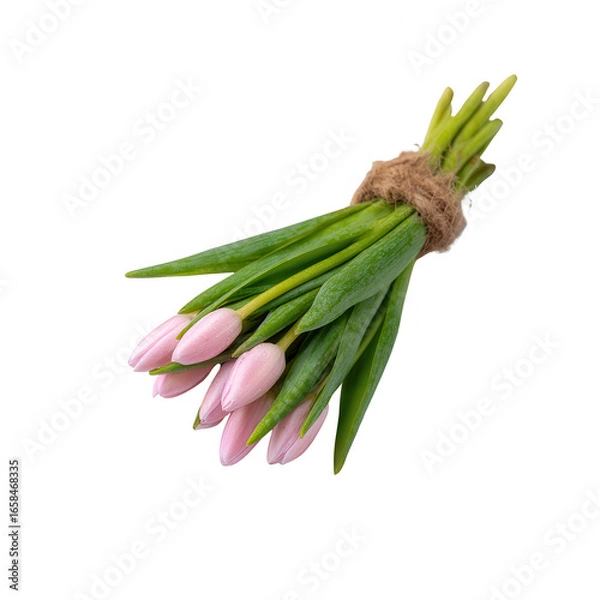 Fototapeta A beautiful bouquet of fresh pink tulips tied with twine, showcasing vibrant green stems. Perfect for spring decorations and celebrations.