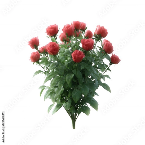 Fototapeta A beautiful bouquet of red roses with lush green foliage, perfect for celebrations or special occasions, displayed against a white isolate background.