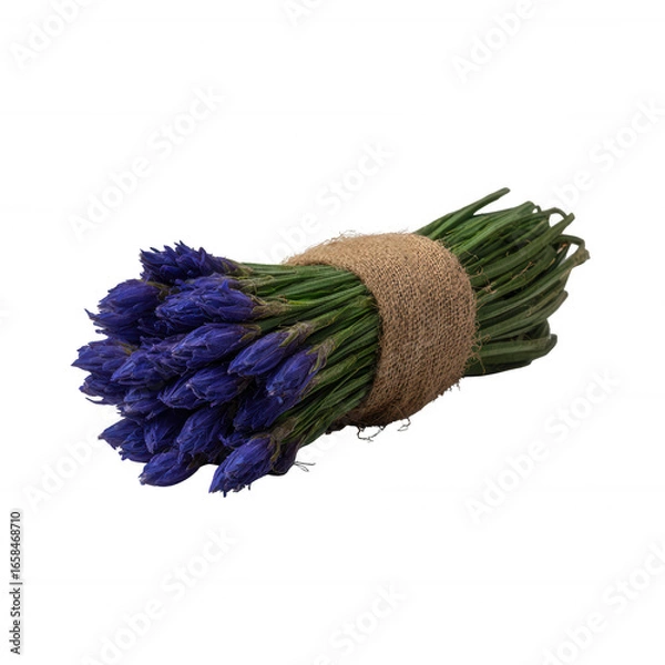 Fototapeta A beautiful bunch of blue flowers tied with natural burlap, showcasing vibrant hues against a clean background, ideal for floral arrangements or nature-themed designs.