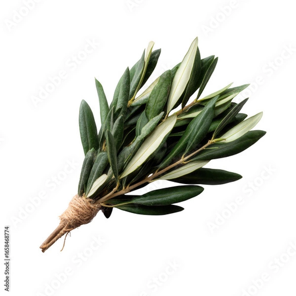 Fototapeta A beautiful bundle of green leaves, showcasing various shades and textures, tied with natural twine, perfect for decorative or culinary use.