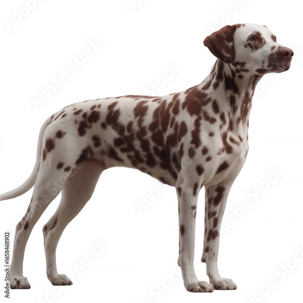 Fototapeta A beautiful dog with a unique coat pattern, featuring brown and white spots, standing gracefully against a white isolated background.