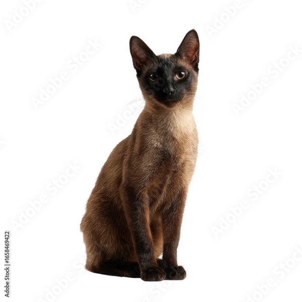 Fototapeta A beautiful Siamese cat sitting elegantly with striking blue eyes, showcasing its unique color pattern against a white background, ideal for animal lovers and pet enthusiasts.