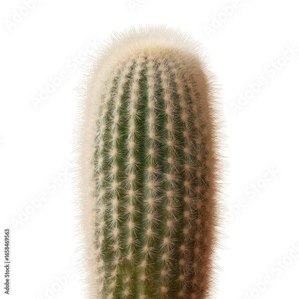 Fototapeta A beautiful saguaro cactus featuring a soft, fuzzy crown and distinct vertical ribs, standing tall against a white background, showcasing its unique texture and natural charm.