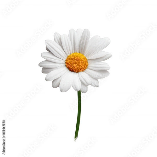 Fototapeta A beautiful white daisy flower with vibrant yellow center, showcasing its intricate petals and slender green stem against a clean white background.