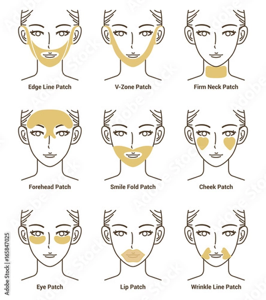 Fototapeta Types of Gold Gel Patch. Anti Wrinkle Patch. Vector Illustration.