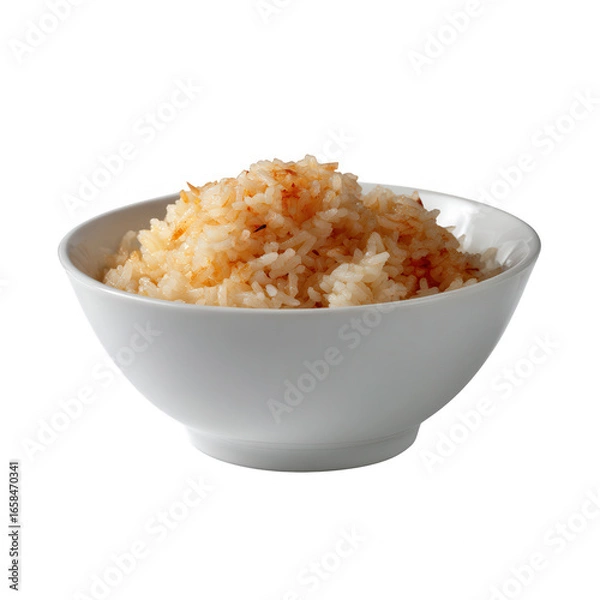 Fototapeta A bowl filled with fluffy, perfectly cooked rice, showcasing its delicate texture and warm color, set against a white background for a clean and appetizing presentation.