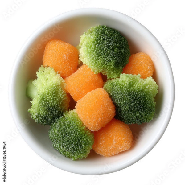 Fototapeta A bowl of colorful mixed vegetables featuring bright orange carrots and fresh green broccoli, ideal for healthy eating and meal preparation.