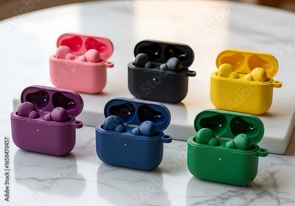 Obraz Assortment of Colorful Wireless Earbuds in Charging Cases earphones audio
