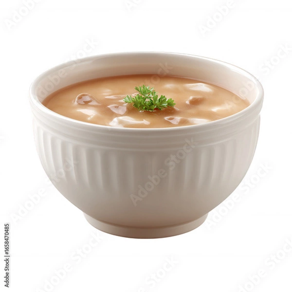Fototapeta A bowl of creamy soup garnished with fresh parsley, isolated on a white background.