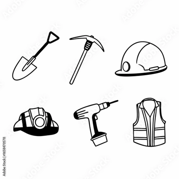 Fototapeta Construction tools and safety equipment icons set isolated on white background