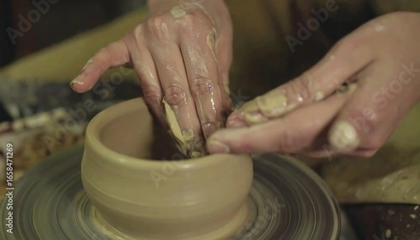 Fototapeta Hands shaping clay pot on pottery wheel