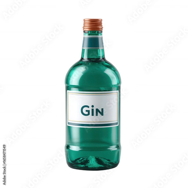 Fototapeta A clear bottle of gin with a turquoise hue and a copper cap, showcasing a modern and sleek design, perfect for cocktails and spirits.