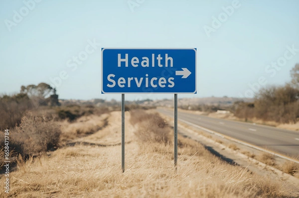 Fototapeta highway, dirt road, desert landscape, blue road sign, "Health Services" text, horizon, wide open space, minimal, simplistic, clean composition,