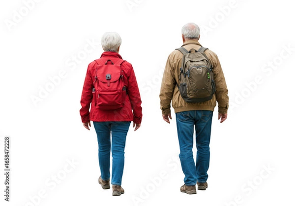 Obraz Two hikers with backpacks walking away isolated on transparent background