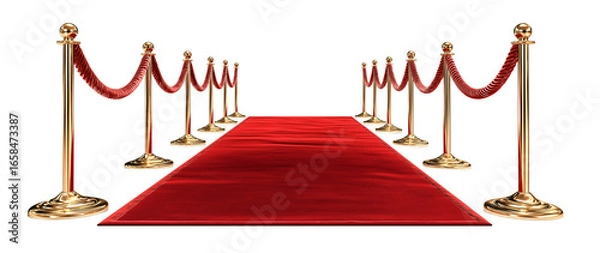 Fototapeta Red carpet and golden stars arranged on a white background, with a red rope featuring gold emblems on each side. The ropes should be in front of the viewer, without any people or other objects.