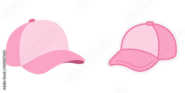Fototapeta Two cute cartoon pink baseball caps in different angles, a simple and stylish graphic resource for fashion and sports themes.