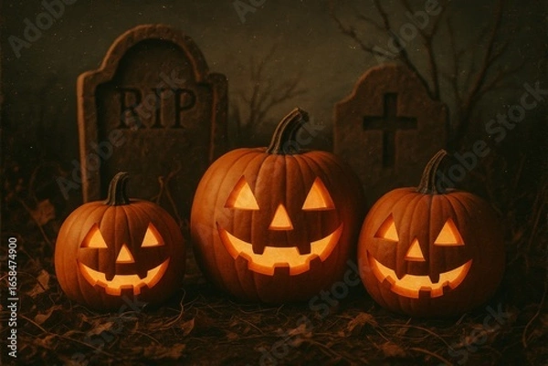 Fototapeta Glowing jack o' lanterns casting eerie shadows across moonlit cemetery, highlighting carved faces against weathered tombstones at night