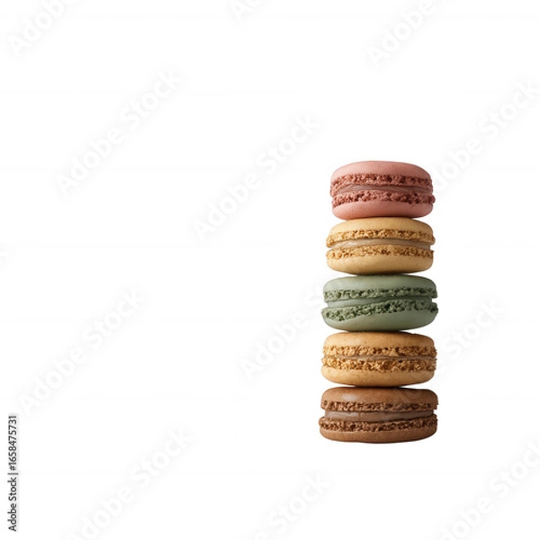 Fototapeta A delightful stack of colorful macaron cookies, showcasing various pastel shades. Each macaron is uniquely flavored, adding a touch of elegance and sweetness to any dessert table.