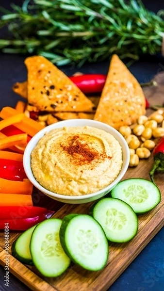 Fototapeta Healthy hummus platter with vegetables