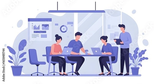 Fototapeta Focused Team Collaborating On Laptop In Bright Sunlit Conference Room, Corporate Professionals Sharing Ideas, Business Strategy Planning, Modern Office Teamwork, And Innovation